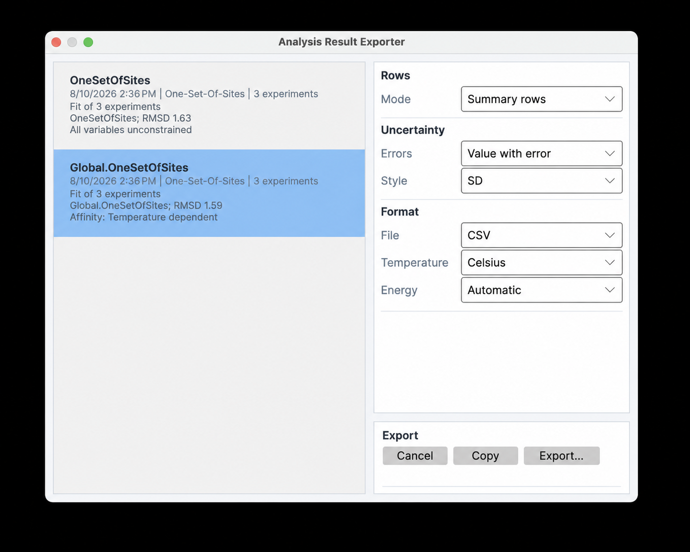 Analysis Result Exporter showing selected results, summary-row mode, uncertainty layout and style, CSV format, temperature units, Automatic energy selection, Copy, and Export.