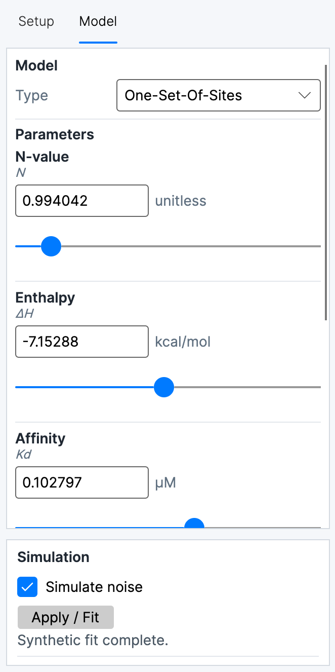 Experiment Designer Model controls showing One-Set-Of-Sites and editable N-value, enthalpy, and affinity parameters.