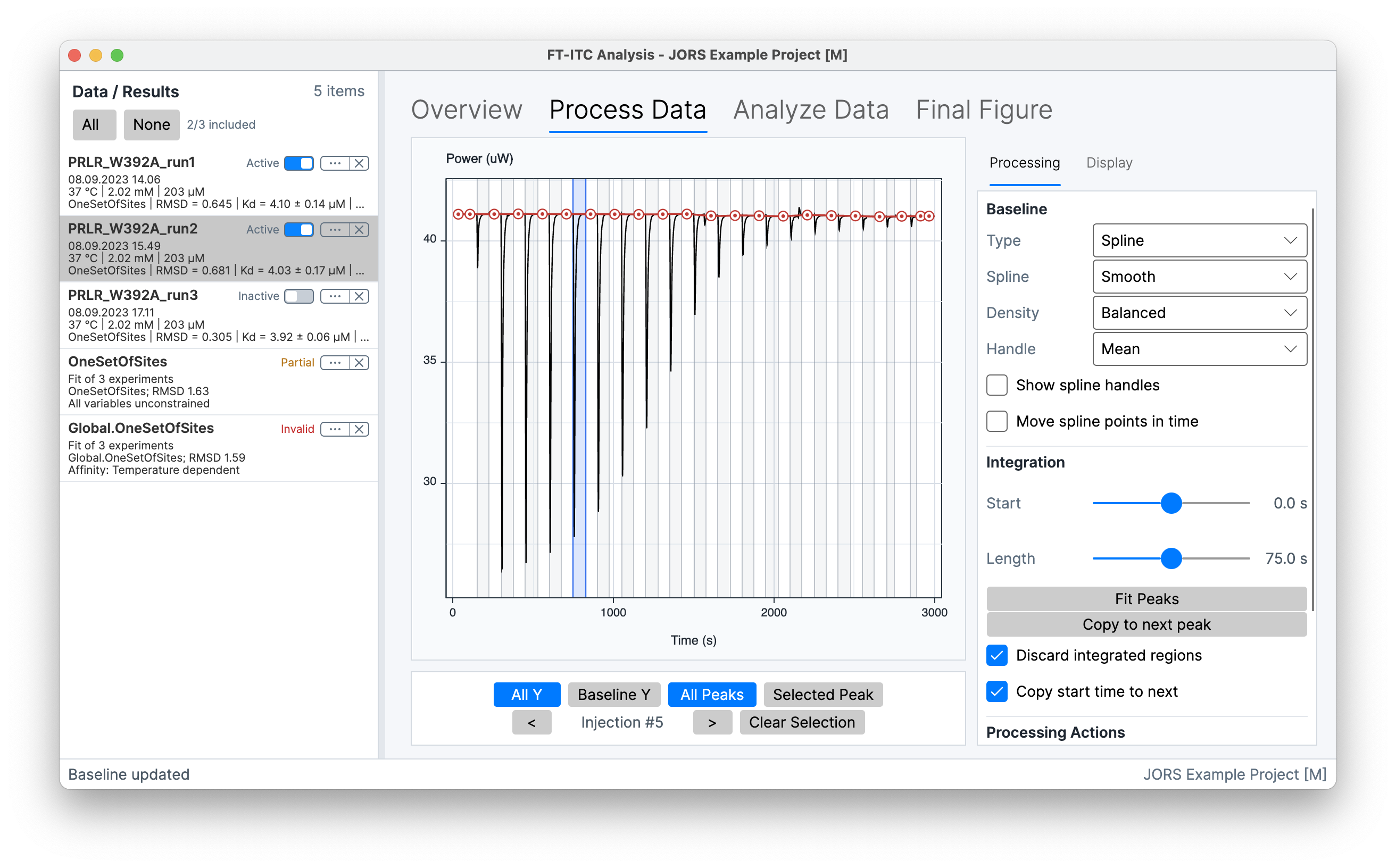 Light-theme Process Data workspace for a JORS experiment, showing the thermogram, Spline baseline controls, integration settings, and graph navigation.