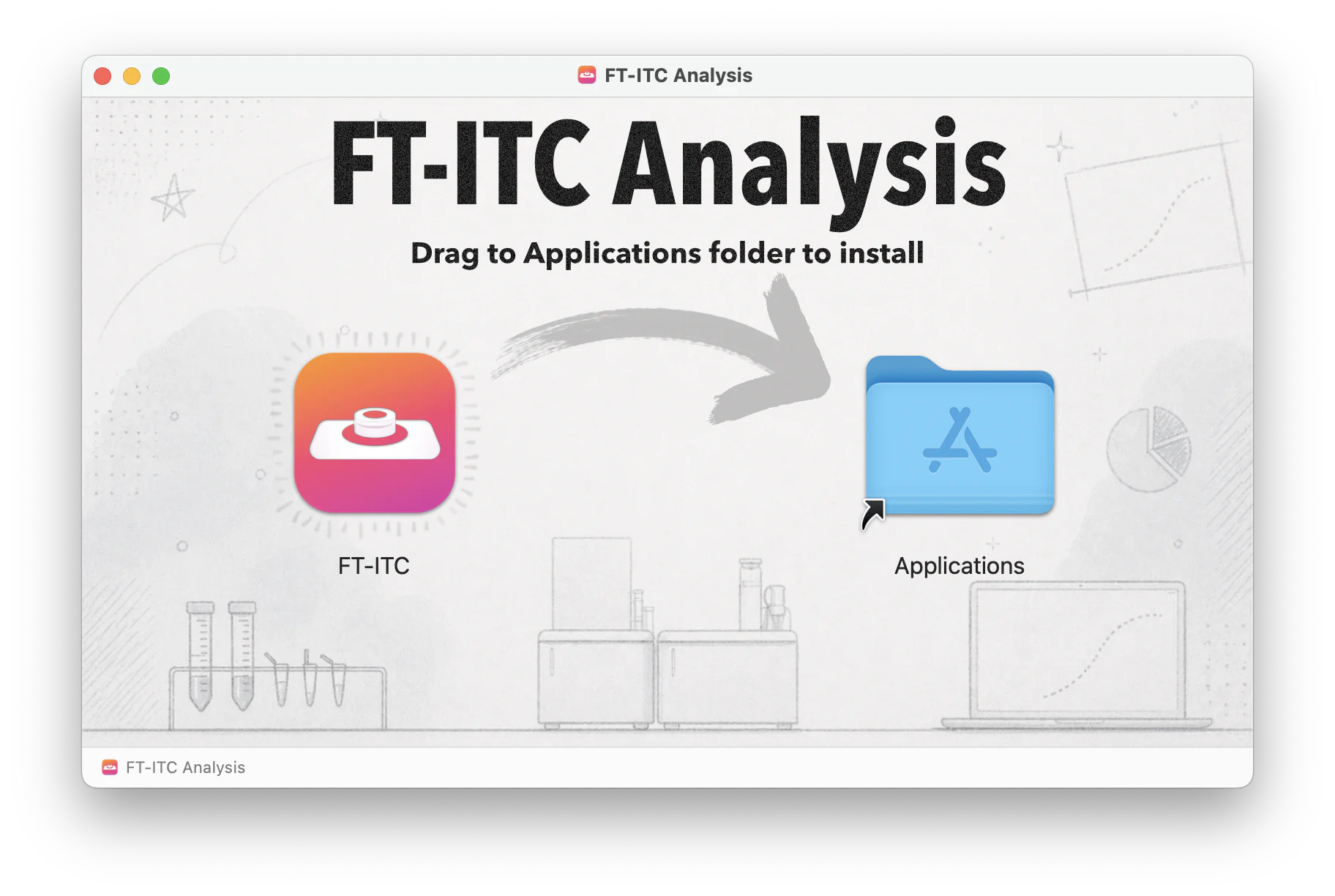FT-ITC Analysis macOS disk image showing the application icon, an arrow and the Applications folder