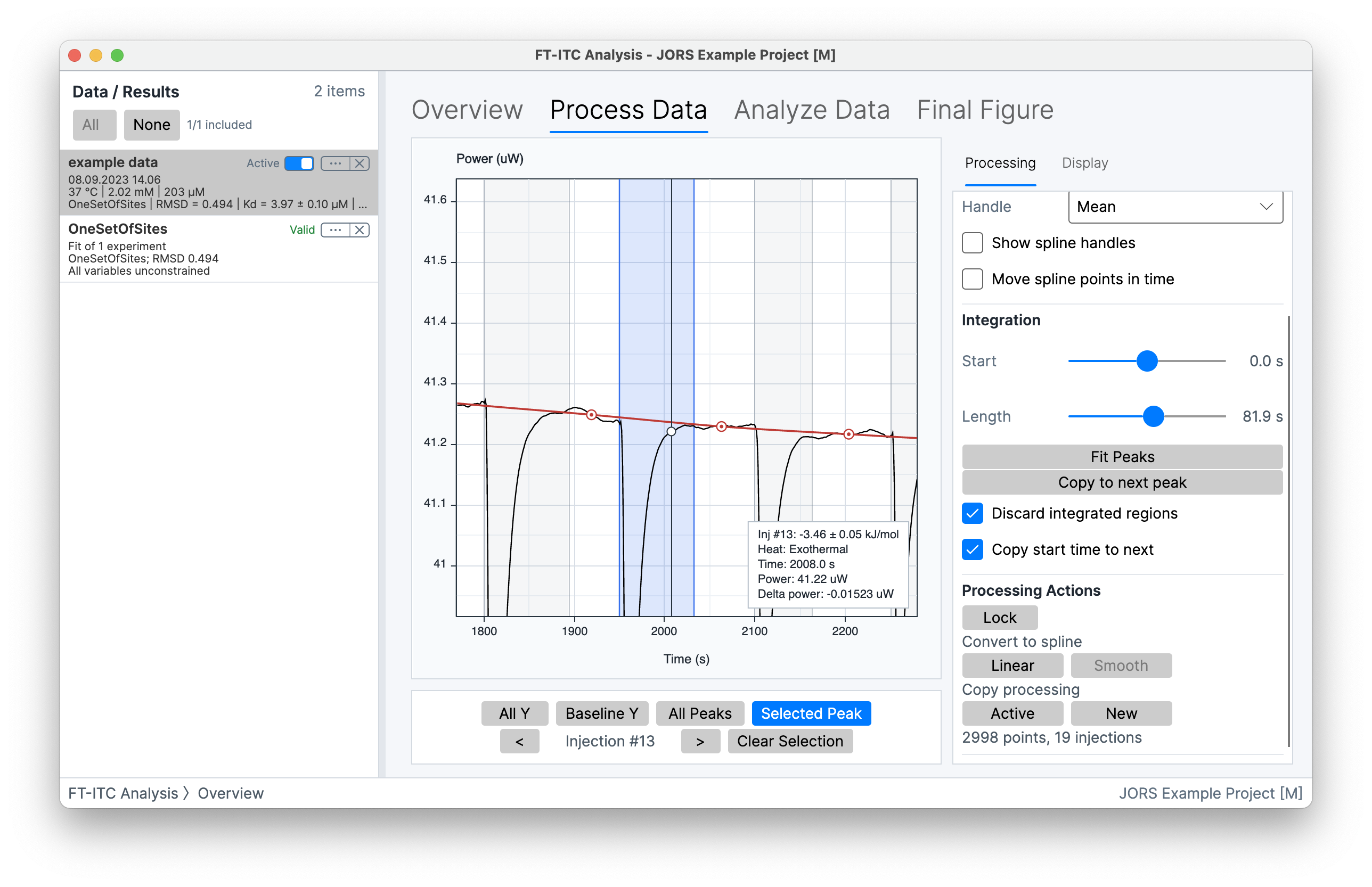 Selected ITC injection with a blue integration window and calculated injection heat