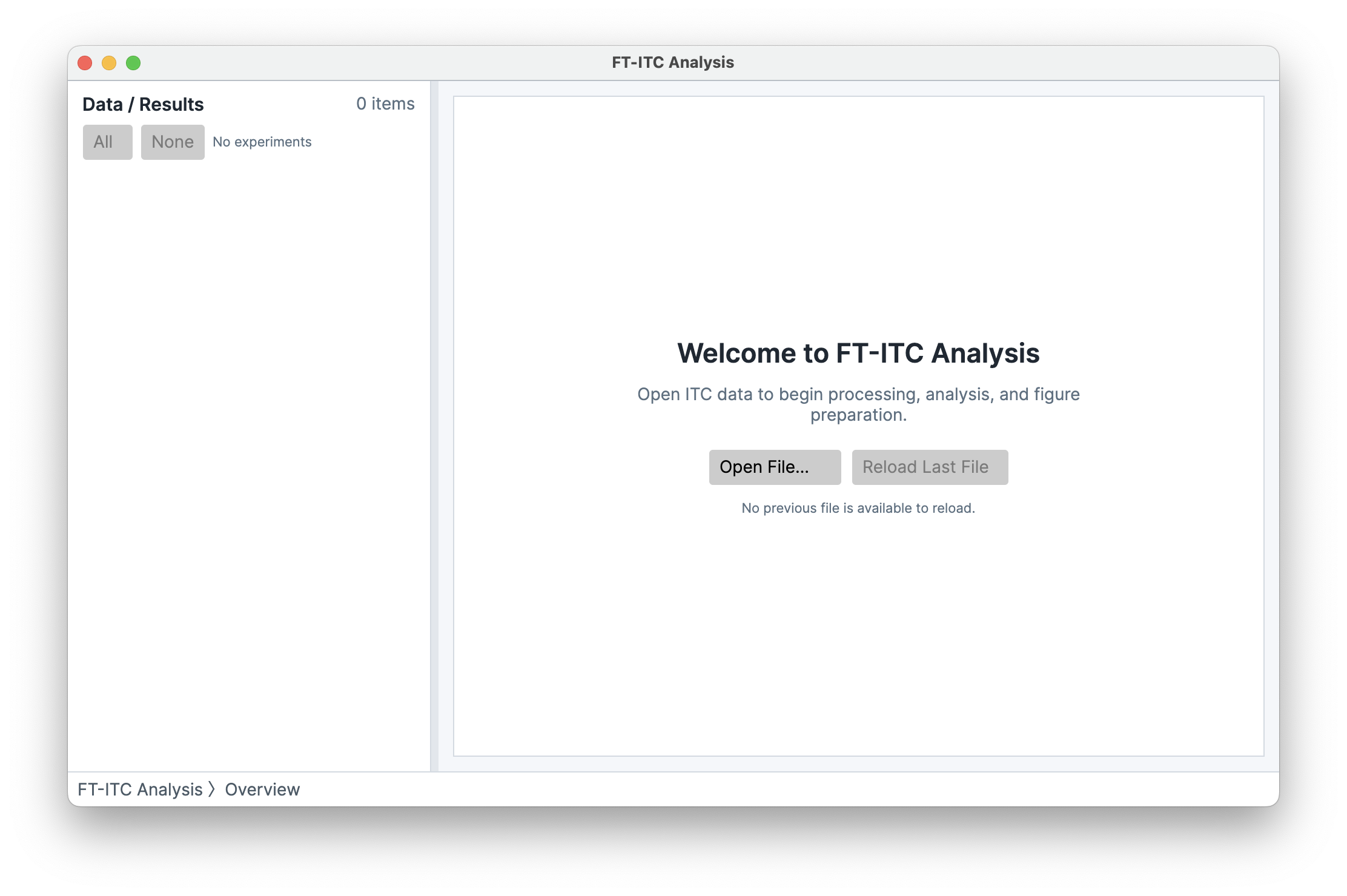 FT-ITC Analysis welcome screen with an Open File button